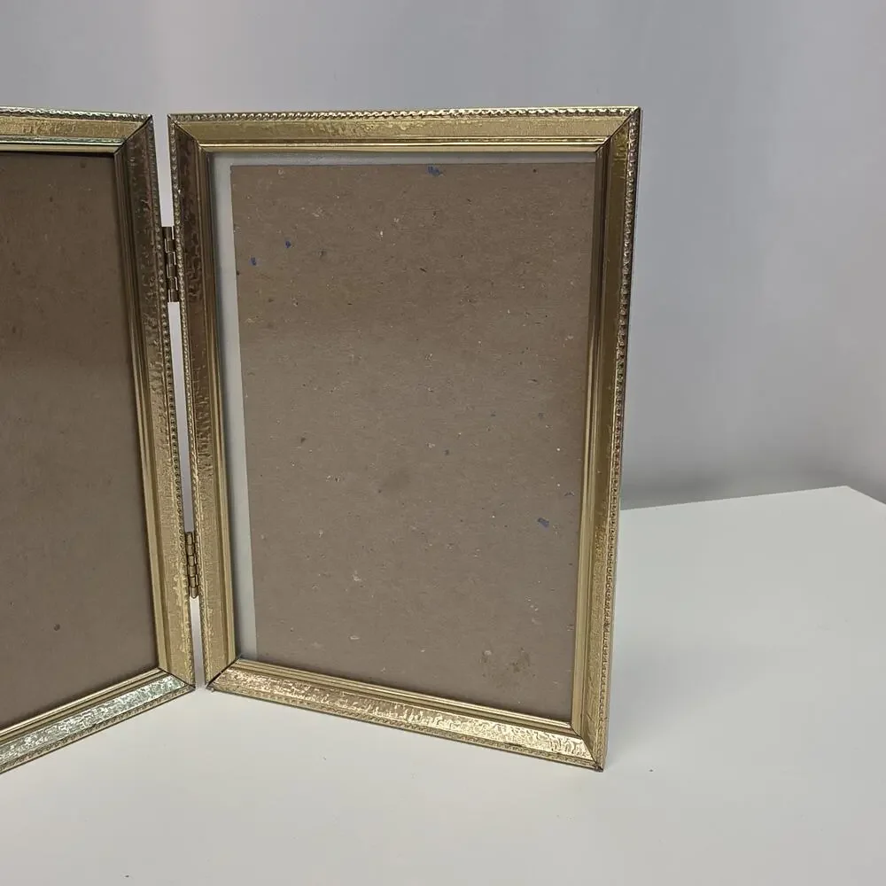 Vintage 80s Gold Tone Bi-fold Picture Frame Double 5x7